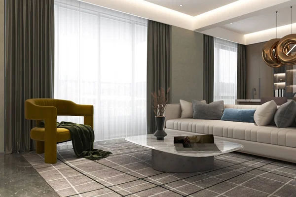 Living room interior design sofa, single chair and artwork illustration 3D render