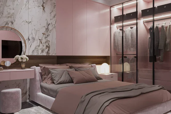Schlafzimmer Innenarchitektur Mit Einem Intelligenten Glas Orientierten Schrank Und Marmorfliesen — Stockfoto