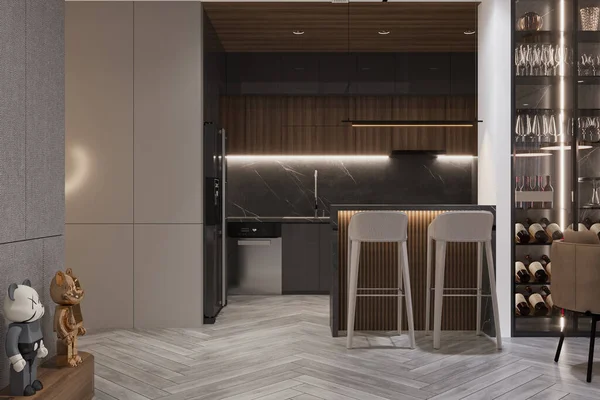 Otevřená Kuchyň Stůl Vitrína Design Interiéru Pro Lepší Obývací Prostor — Stock fotografie