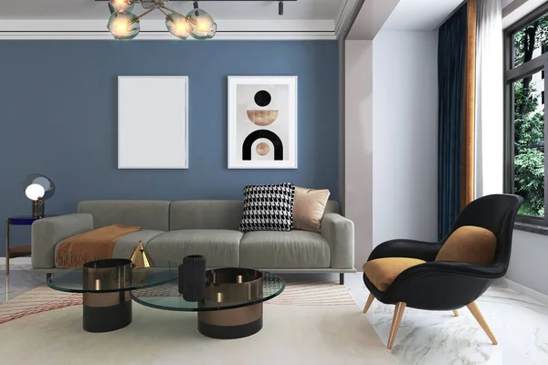 Elegante Sala Estar Con Pop Color Fondo Azul Superior Vectores —  Fotos de Stock