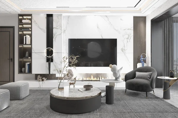 Bílý Šedý Obývací Pokoj Mramorovým Dlaždicovým Pozadím Nástěnná Police Luxusní — Stock fotografie