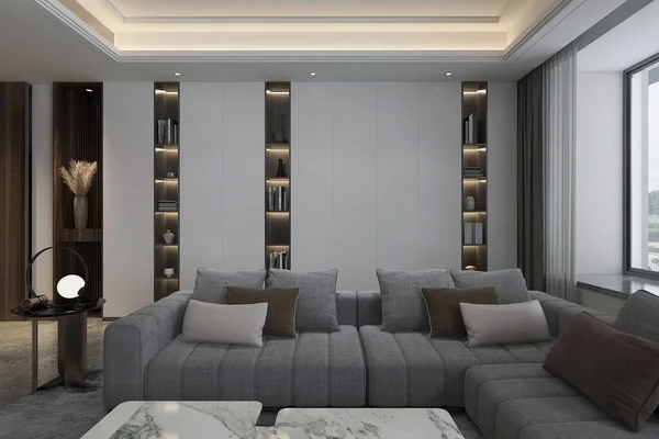 シックでスタイリッシュな家具 白と木製の壁のユニット モダンなソファー付きリビングルーム — ストック写真