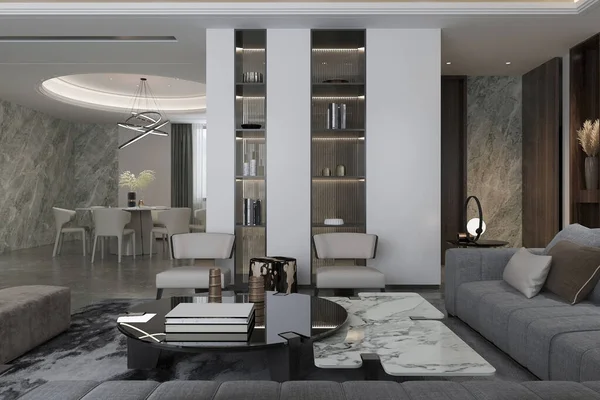 Modern Trendy Living Room Interior Design White Wall Unit Chic — Stock Photo, Image