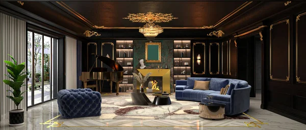 Living Romm Interior Design Modern Sofa Furniture Golden Artwork Wall — Stock Photo, Image