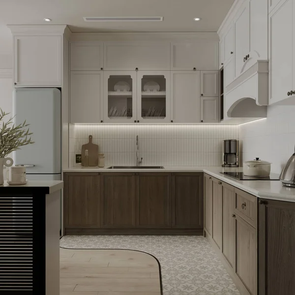 现代开放式厨房为工作室公寓室内设计 豪华家居装修项目布置 — 图库照片