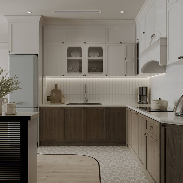 Modern open kitchen for a studio apartment interior design, luxury home decor items arrangements