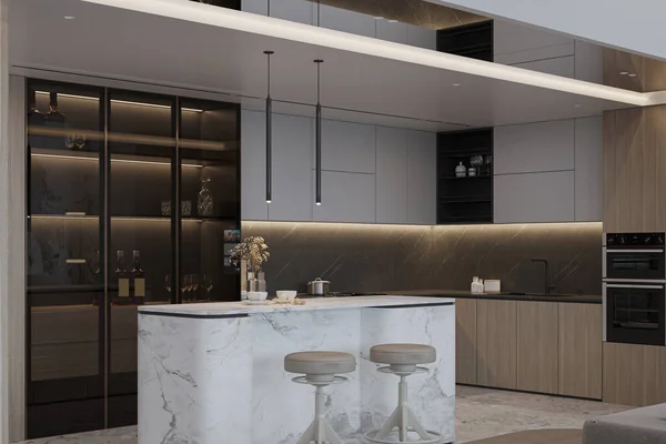 Trendy Kitchen Interior Design Wandvitrinenstuhl Accessoires Für Stilvolle Raumdekoration — Stockfoto