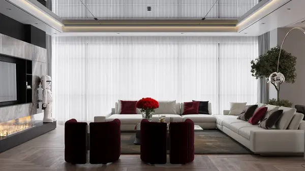 モダンなリビングルームのインテリアデザイン 壁の改装 器具が付いている白い家具 — ストック写真