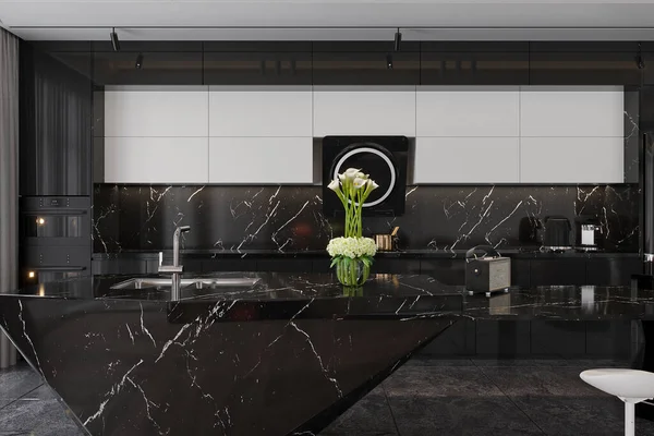 Offene Küche Luxuriöses Interieur Und Stilvolle Schwarze Marmorfliesen Wanddekor Lifestyle — Stockfoto