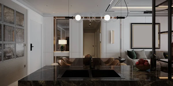 Küche Und Moren Innenausstattung Mit Möbeln Und Stilvollen Schwarzen Fliesen — Stockfoto