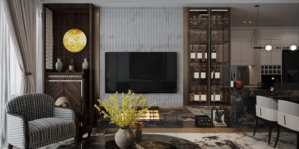 モダンで豪華な家のショーケースリビングルームとスタイリッシュな家具のインテリアの装飾 テレビ — ストック写真