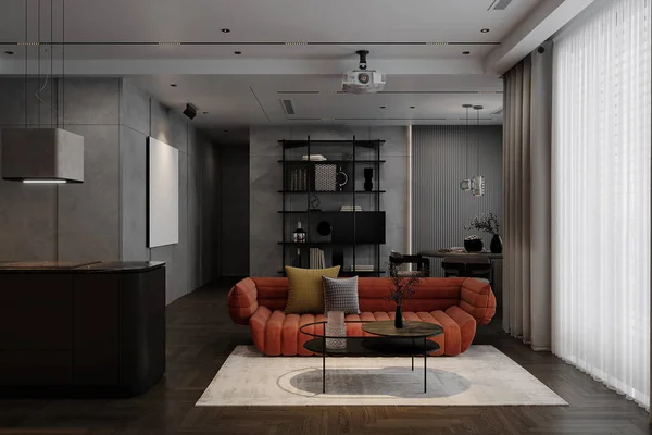 赤いソファーとプロジェクターディスプレイ環境のモダンなリビングルームのアイデア — ストック写真