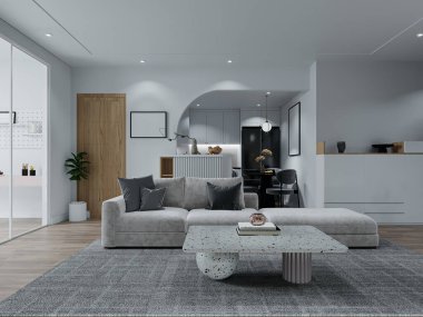 Beyaz ve Doğa Dokunuşlu Oturma Odası, Kadife Kanepe, Şık Masa