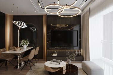 Elegant Chandelier, Cozy Dining Set-up, Blackish and Golden Accents Background in Smart Living Cum Dining Space