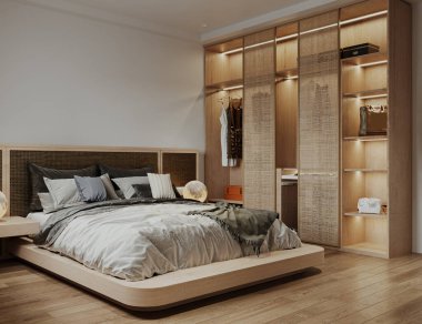 Odanın içi ahşap, el işi ve rahat mobilyalarla döşenmiş Rustik stil yatak odası.