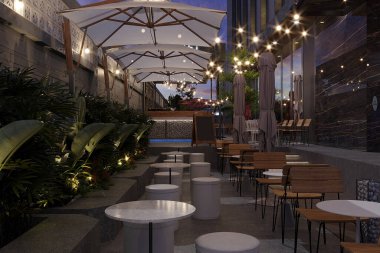 Gökyüzü İlham Veren Çevreye sahip Açık ve Havai Tasarımlı Restoran İçişleri