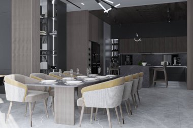 Rahat ve rahat bir yaşam alanı dekorasyonu olan bir yemek masası.