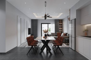 Eşleşen tema mobilyalarıyla rahat yemek odası dekorasyonu, masa