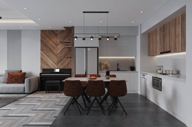 Mutfak ve yemek masası bir uzay dekorasyonu iç mimari fikrine iliştirilmiş.