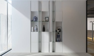 Modern beyaz ve ahşap dolap, 3 boyutlu.