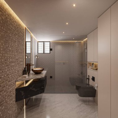 Modern tarzda banyo, büyük lavabo, duş ve duş, 3 boyutlu.