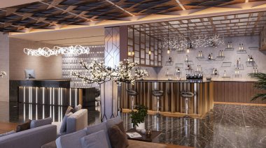 Tasarım elementleri, mobilyalar ve masa sandalyesi ile lüks bir lobi deneyimi yaratmak