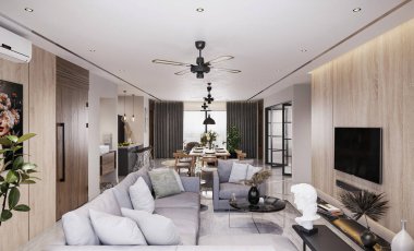 Oturma odanızda yemek odanızı değiştirin. Lüks iç tasarım. Özel bir ahşap masa ve sandalyeyle.