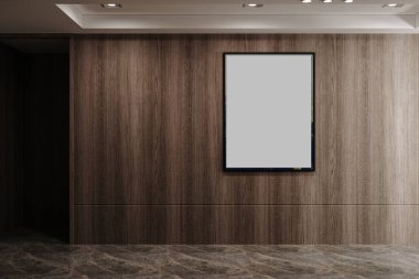 Modern iç mekan odasındaki ahşap duvara afiş astım.