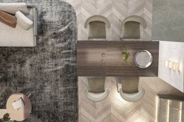 Beton zemini olan mutfak manzarası