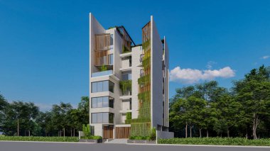 Modern konut binası 3D modelleme ve mavi arkaplan gökyüzü manzarası doğa dostu yapı