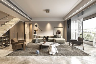 Oturma odasının iç tasarımında merdiven ve mobilya var.