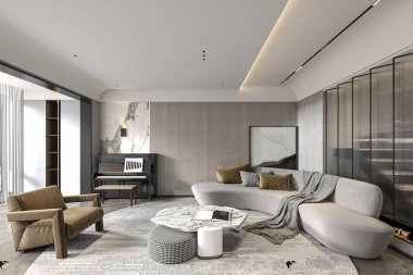 Modern oturma odası tasarımı 3d illüstrasyon ücretsiz görüntü beyazı kanepe ve uzay dekorasyonu