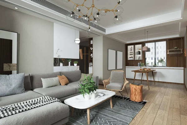 Minimalistický Design Interiéru Obývacího Pokoje Dřevěných Nábytkových Sadách Dekoracích — Stock fotografie