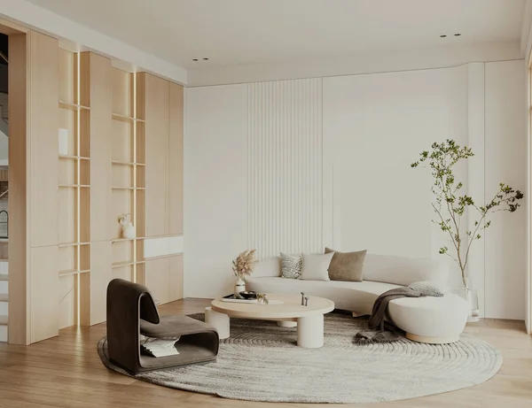 Interiér Váš Obývací Prostor Prostřednictvím Stylové Gauč Paže Židle Přírodní — Stock fotografie