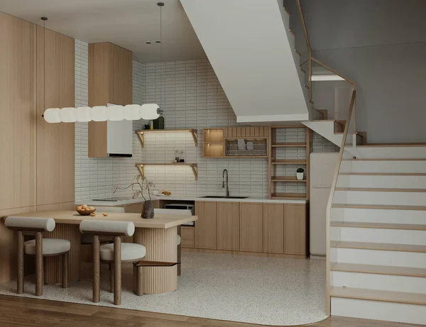 Stilvolle Holzküche Offener Küche Und Weiße Und Einfache Treppen — Stockfoto