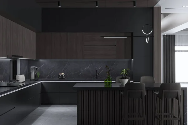 Een Open Keuken Donkere Thema Verlichting Decoratie Voor Interieur — Stockfoto