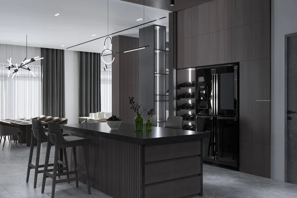 Cozinha Sala Estar Mesa Jantar Mobiliário Anexado Com Decoração Luxo — Fotografia de Stock