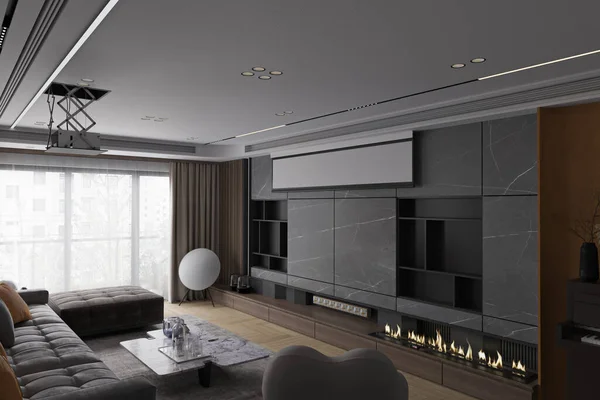 Living Room Interior Design Smart Theater Dark Theme Instead — Stock Photo, Image