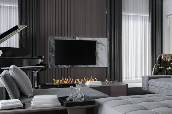 Luxusní Obývací Pokoj Interiér Kde Vše Relaxovat Pohodlné Nábytkem Pohovkou — Stock fotografie