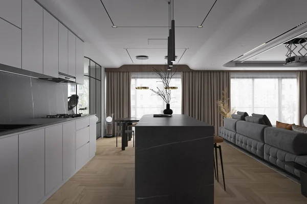 Ein Esszimmer Küche Mit Dem Modernen Wohnzimmer Trendigen Lebensstil Angeschlossen — Stockfoto