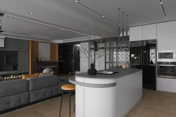 Design Interiores Cozinha Aberta Para Decoração Casa Luxo Tema Branco — Fotografia de Stock