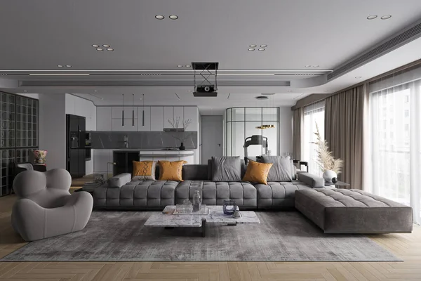 Sebuah Desain Interior Ruang Tamu Mewah Dengan Satu Set Furnitur — Stok Foto