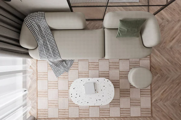 スマートな居住空間のための白い古典的なカウチ カーペット テーブルの配置 — ストック写真