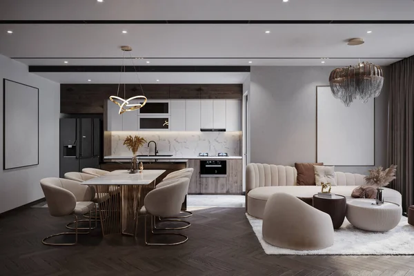 Muebles Elegantes Decoración Casera Opción Para Vivir Cenar Espacio Cocina — Foto de Stock
