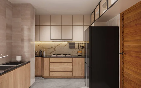 高級キッチンとキッチンインテリアの3Dレンダリング — ストック写真