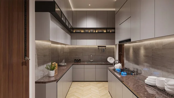 现代厨房橱柜的风格和风格的空间理念 — 图库照片