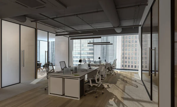 Moderní Kancelářský Interiér Panoramatickým Oknem Vykreslování — Stock fotografie