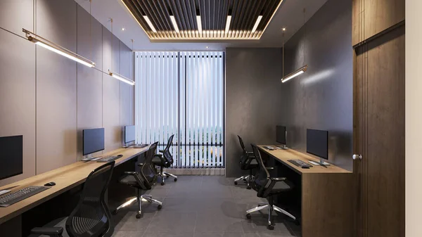 office Workspace interior design with table chair lighting and wall furniture