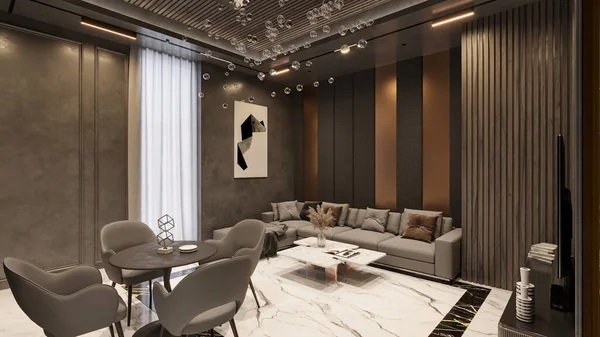 革新的な機能とモダンなインテリアデザインのトレンディな家具セットアップのプレミアムルーム — ストック写真