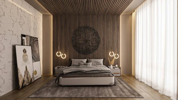 Double room interior design with modern furniture and wall design artwork and stylish background